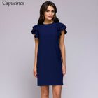 Solid Layered Flounce Sleeve Summer Dress Woman Fashion Ruffle Trim Backless Dresses Female Lady Casual Navy Blue Straight Dress - FushionGroupCorp