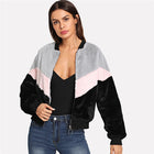 SHEIN Multicolor Preppy Chevron Fuzzy Zipper Up Colorblock Stand Collar Campus Jacket 2019 Autumn Casual Women Coat And Outwear - FushionGroupCorp