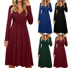 Women's Long SleeveWomen's Long Sleeve V-Neck Wrap Slim Solid Color Casual Midi Dress#40 - FushionGroupCorp