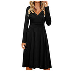 Women's Long SleeveWomen's Long Sleeve V-Neck Wrap Slim Solid Color Casual Midi Dress#40 - FushionGroupCorp