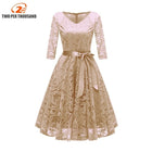 2018 Autumn Lace Dresses Femme 3/4 Sleeve V-Neck Women Red Dress Hollow Out Female Robes Plus Size 2XL Vestidos de Festa - FushionGroupCorp
