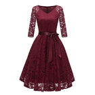 2018 Autumn Lace Dresses Femme 3/4 Sleeve V-Neck Women Red Dress Hollow Out Female Robes Plus Size 2XL Vestidos de Festa - FushionGroupCorp