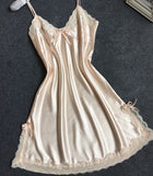 Ladies Sexy Silk Satin Night Dress Sleeveless Nighties V-neck Nightgown Solid Nightdress Lace Night Gown Sleepwear For Women - FushionGroupCorp