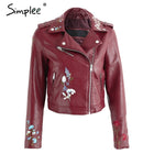 Simplee Embroidery faux leather coat Motorcycle zipper wine red leather jacket women Fashion cool outerwear winter jacket 2019 - FushionGroupCorp