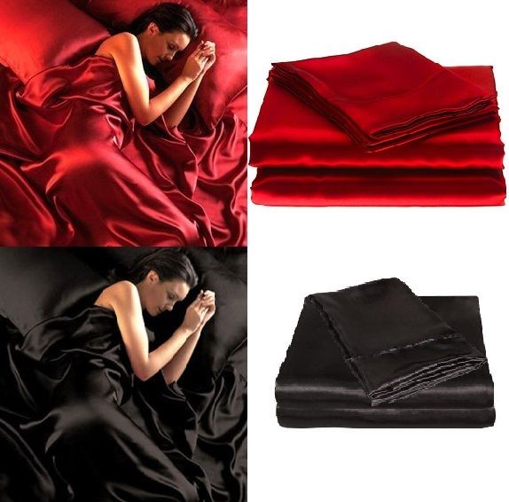 95gsm 4 Pce Luxury Satin Silk Soft QUEEN Bed Fitted Bed Sheet Set - RED BLACK - FushionGroupCorp