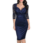 OTEN Autumn Spring womens clothing ruched Half sleeve Deep V Neck Knee Length sexy elegant Cocktail warp dresses ladies gowns - FushionGroupCorp