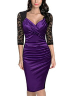 OTEN Autumn Spring womens clothing ruched Half sleeve Deep V Neck Knee Length sexy elegant Cocktail warp dresses ladies gowns - FushionGroupCorp