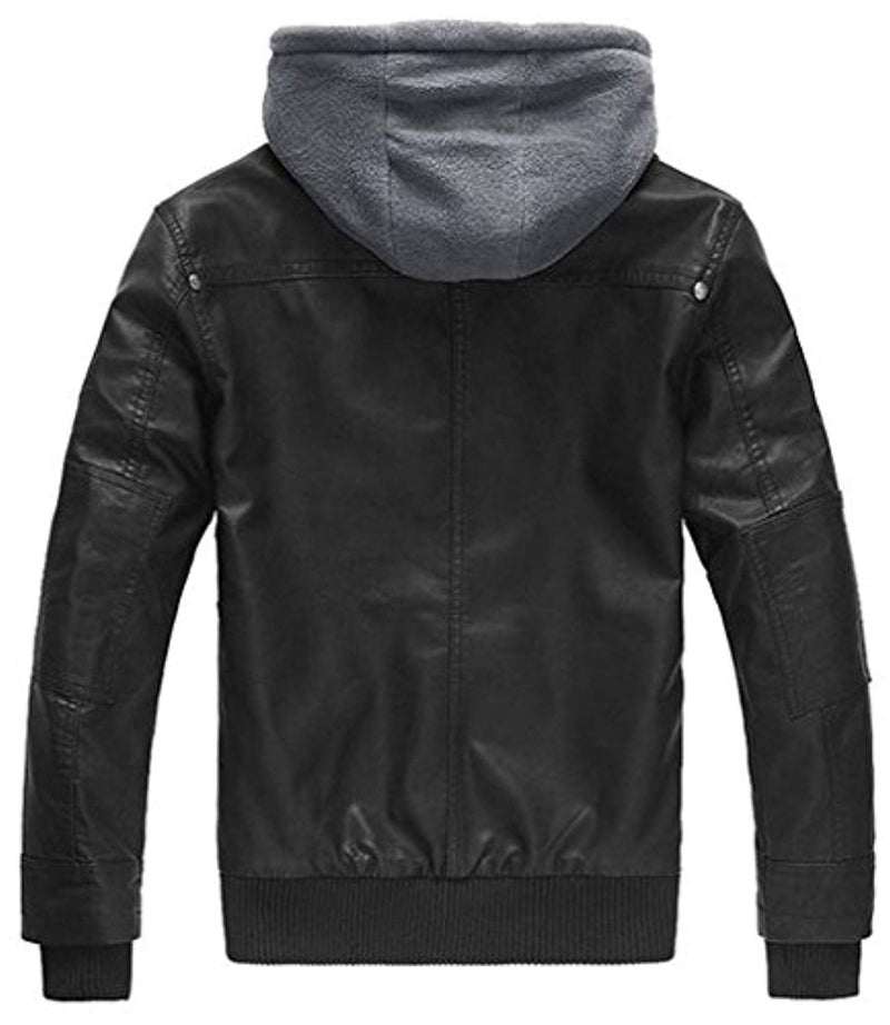 Men's Faux Leather Jacket with Removable Hood - FushionGroupCorp