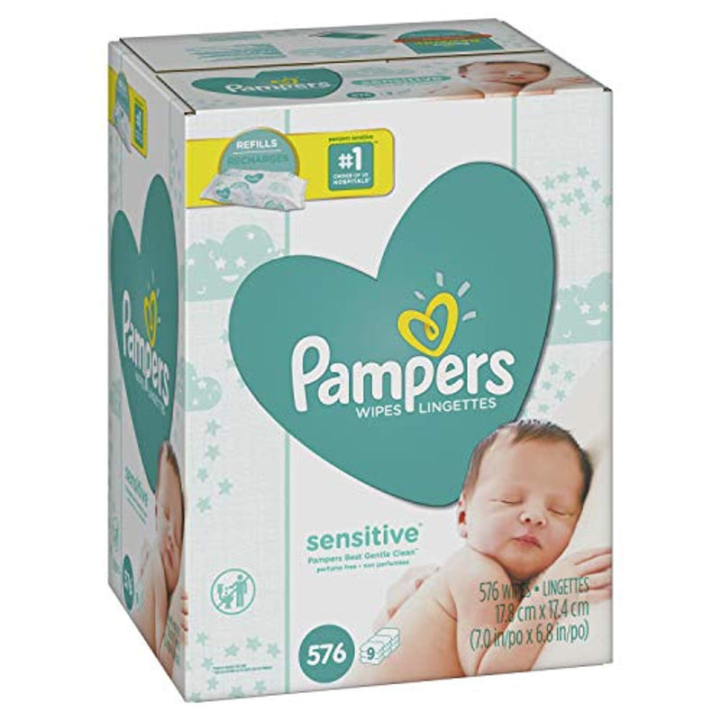 Pampers Sensitive Water-Based Baby Diaper Wipes, 9 Refill Packs for Dispenser Tub - Hypoallergenic and Unscented - 576 Count - FushionGroupCorp