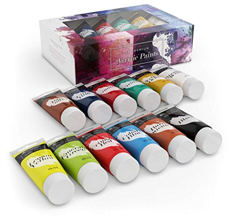 Castle Art Supplies LARGE Acrylic Paint Set - 12 BIG 75ml Tubes for Beginners, Artists or Students - For Canvas, Wood, Ceramic, Fabric and Nail Art (12 75ml tubes) - FushionGroupCorp
