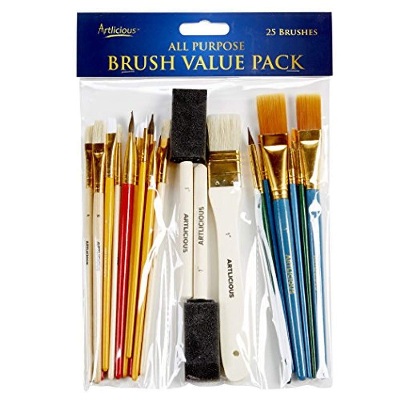 Artlicious - 25 All Purpose Paint Brush Value Pack - Great with Acrylic, Oil, Watercolor, Gouache - FushionGroupCorp
