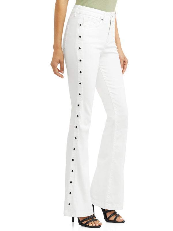 Studded Sides High Waist Stretch Flare Jean Women's (White) - FushionGroupCorp