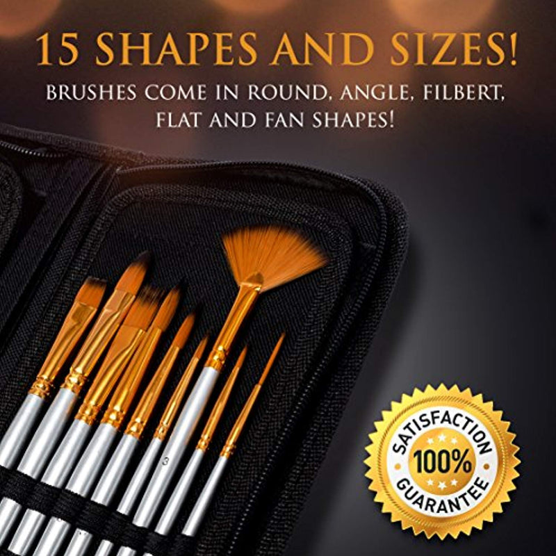 Artist Paint Brush Set – 15 Different Shapes & Sizes – FREE Painting Knife & Watercolor Sponge – No Shed Bristles – Wood Handles – For Body Paint, Acrylics & Oil - FushionGroupCorp