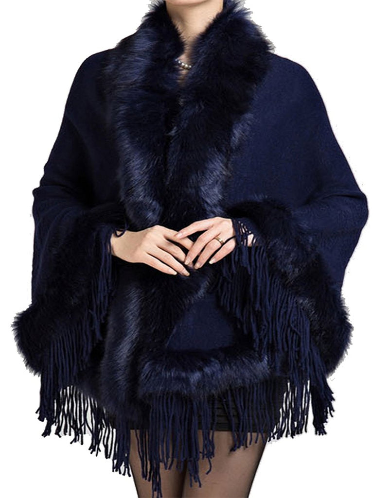 Helan Women's Faux Mink Fur Shawl Cloak Cape Coat With Tassels - FushionGroupCorp