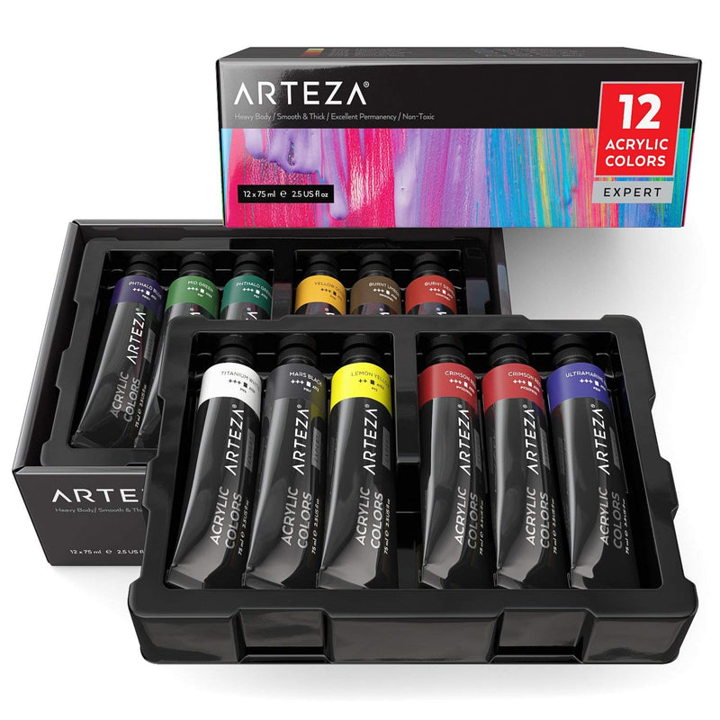 Arteza Acrylic Paint Set, 60 Colors/Tubes (22 ml, 0.74 oz.) with Storage Box, Rich, Pigments, Non Fading, Non Toxic for The Professional Artist, Hobby Painters & Kids - FushionGroupCorp