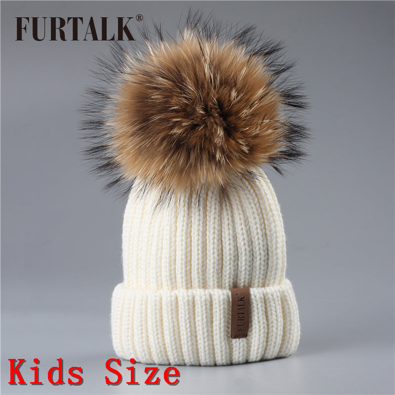 Furtalk Real Fur Hat Knitted Real Big Raccoon Pom Pom Hat Women Winter Hat Unisex Kids Warm Chunky Thick Stretchy Knit - FushionGroupCorp