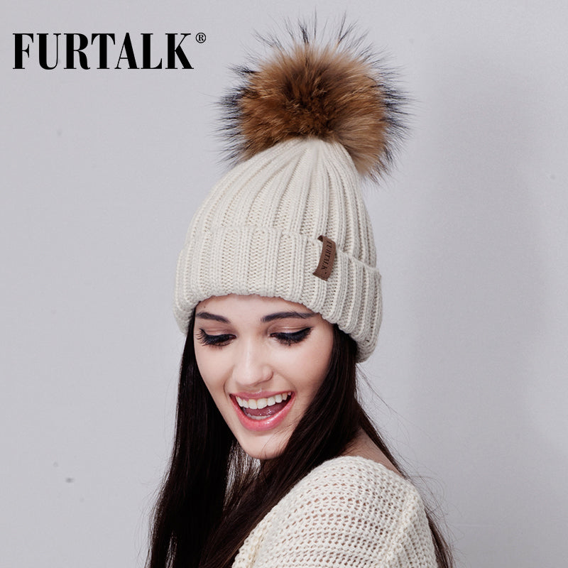 Furtalk Real Fur Hat Knitted Real Big Raccoon Pom Pom Hat Women Winter Hat Unisex Kids Warm Chunky Thick Stretchy Knit - FushionGroupCorp