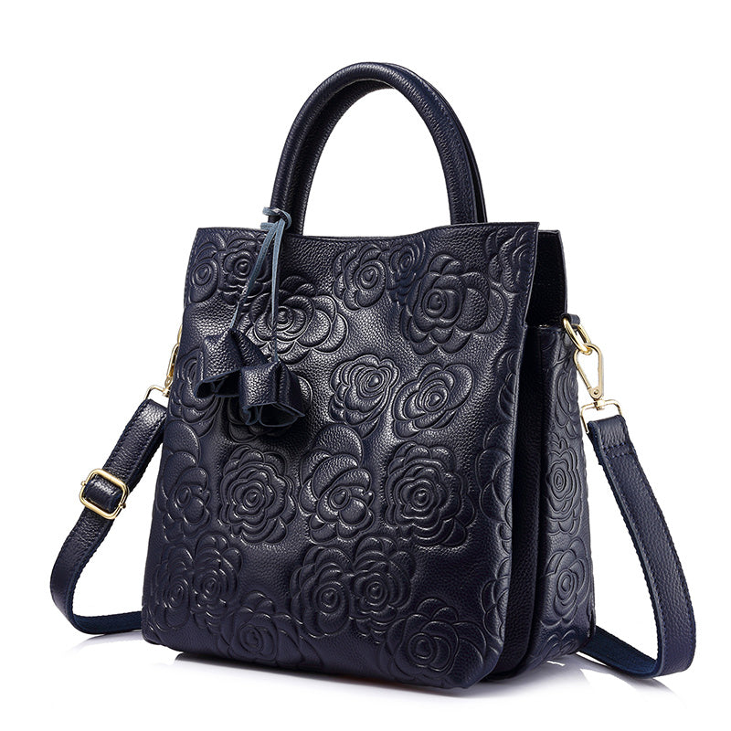 REALER brand genuine leather handbag female leather black tote bag high quality floral embossed handbag ladies shoulder bag - FushionGroupCorp