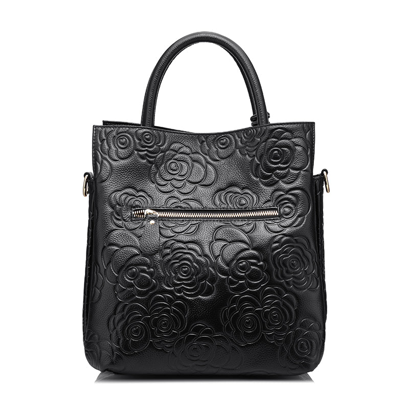REALER brand genuine leather handbag female leather black tote bag high quality floral embossed handbag ladies shoulder bag - FushionGroupCorp