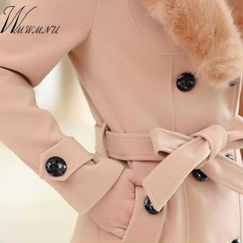 WMWMNU 2018 winter fashion slim long wool coat women Big Fur Collar Double Breasted warm wool jacket Elegant vintage pink coat - FushionGroupCorp