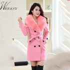 WMWMNU 2018 winter fashion slim long wool coat women Big Fur Collar Double Breasted warm wool jacket Elegant vintage pink coat - FushionGroupCorp