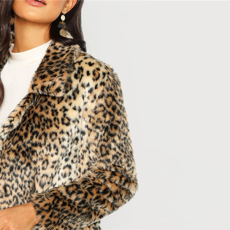 Multicolor Elegant Highstreet Leopard Print Stand Collar Fuzzy Coat  Autumn Office Lady Women Coats And Outerwear - FushionGroupCorp