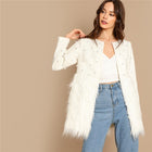 SHEIN Office Lady Solid Pearl Embellished Faux Fur Round Neck Jacket Autumn Workwear Casual Women Coat And Outerwear - FushionGroupCorp
