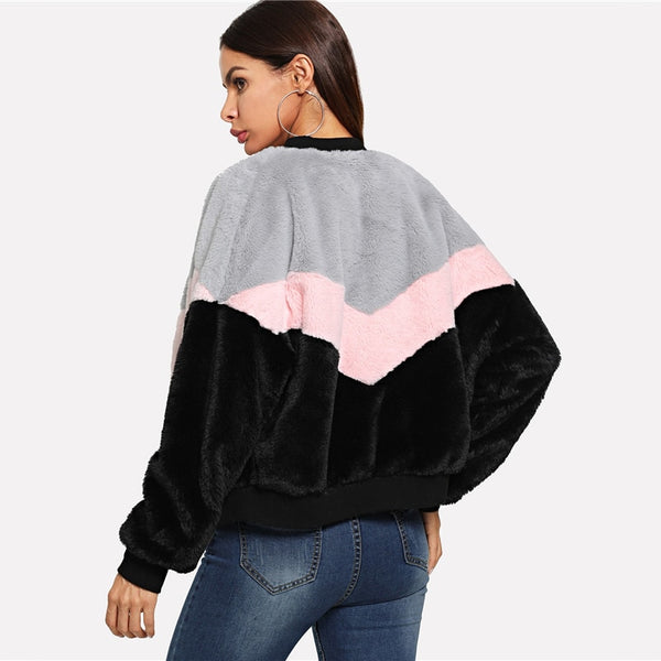 SHEIN Multicolor Preppy Chevron Fuzzy Zipper Up Colorblock Stand Collar Campus Jacket 2019 Autumn Casual Women Coat And Outwear - FushionGroupCorp