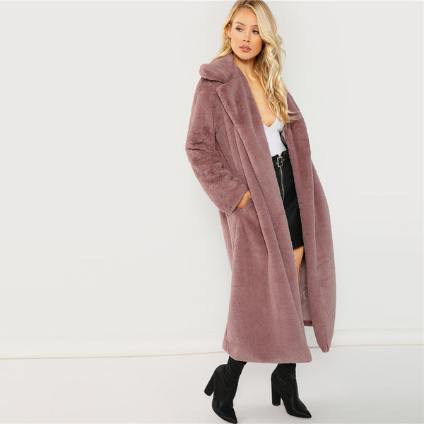 SHEIN Pink Office Lady Elegant Open Front Longline Faux Fur Teddy Solid Coat 2018 Autumn Minimalist Women Coats Outerwear - FushionGroupCorp