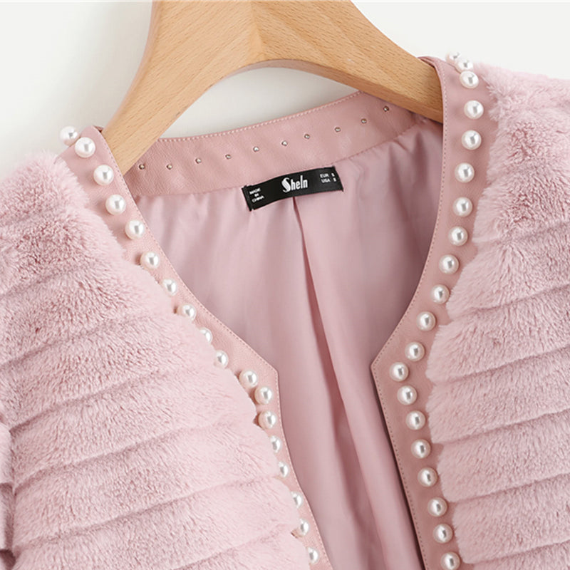 Sheinside Pink Pearl Beading Textured Faux Fur Coat Winter Collarless Cute Outerwear With Lining 2018 Womens Elegant Coats - FushionGroupCorp