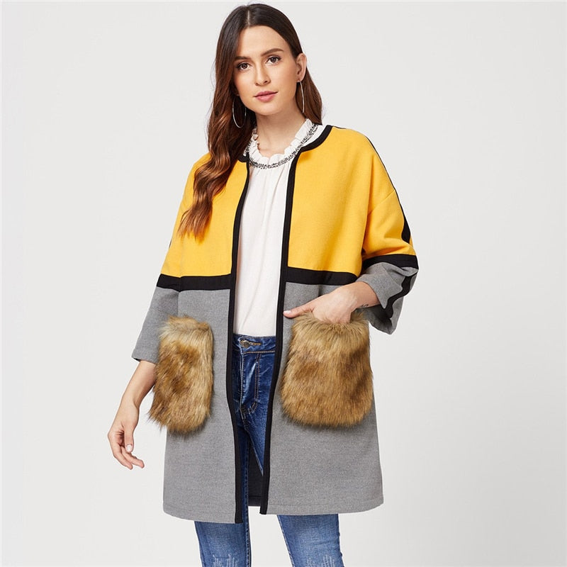 SHEIN Open Front Colorblock Elegant Long Faux Fur Coat Women 2018 Casual Streetwear Ladies Outwear Office Warm Winter Coats - FushionGroupCorp