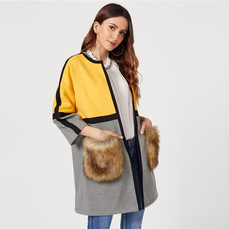 SHEIN Open Front Colorblock Elegant Long Faux Fur Coat Women 2018 Casual Streetwear Ladies Outwear Office Warm Winter Coats - FushionGroupCorp