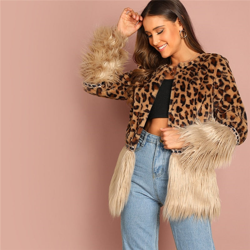 SHEIN Casual Multicolor Modern Lady Contrast Faux Fur Leopard Long Sleeve Coat  Autumn Women Highstreet Party Outerwear - FushionGroupCorp