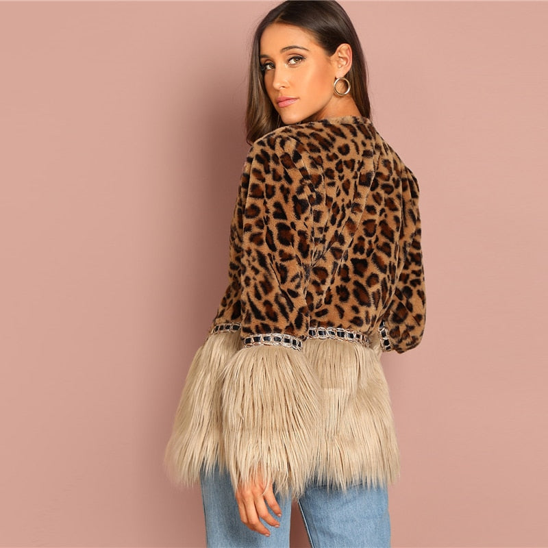 SHEIN Casual Multicolor Modern Lady Contrast Faux Fur Leopard Long Sleeve Coat  Autumn Women Highstreet Party Outerwear - FushionGroupCorp