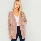 Pink Patch Pocket Open Front Faux Fur Teddy Coat Fall Winter Tops For Women  Outerwear Womens Coats And Jackets - FushionGroupCorp