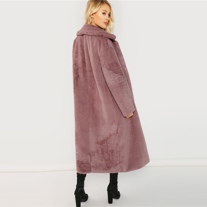 Pink Open Front Faux Fur Teddy Coat Autumn Winter Clothes Women Jacket 2019 Elegant Outerwear Womens Plain Long Coats - FushionGroupCorp
