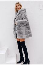 Simplee Vintage fluffy hoodie faux fur coat women Winter grey jacket coat female Plus size warm long casual outerwear overcoat - FushionGroupCorp