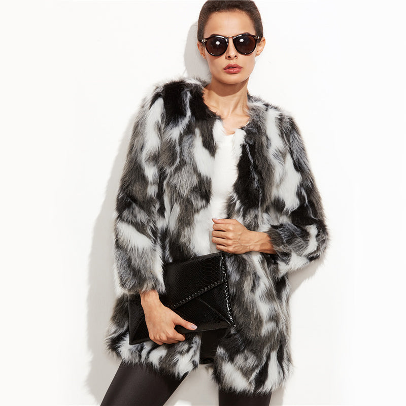 Faux Fur Fuzzy Coat Women ColorBlock Open Front Elegant Autumn Coats Fashion Winter Long Sleeve OL Work Coat Outerwear - FushionGroupCorp