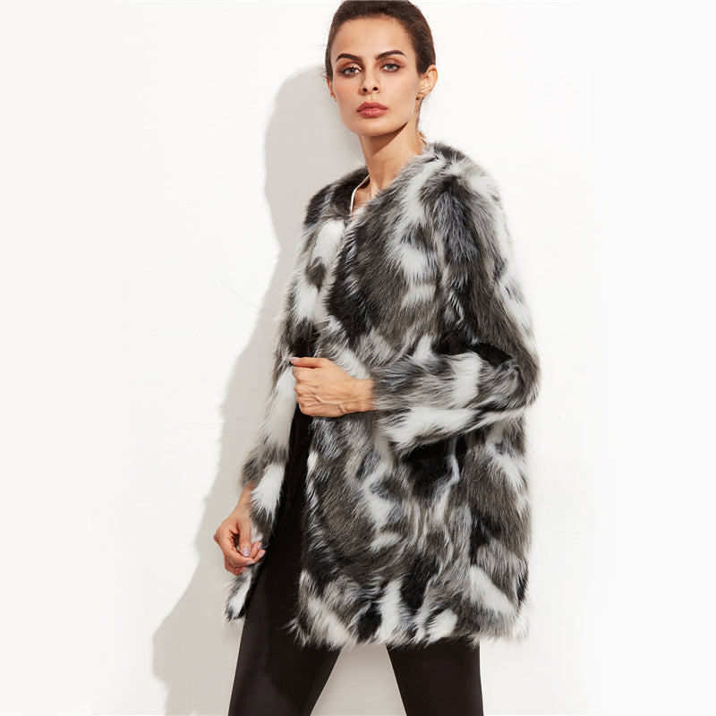 Faux Fur Fuzzy Coat Women ColorBlock Open Front Elegant Autumn Coats Fashion Winter Long Sleeve OL Work Coat Outerwear - FushionGroupCorp