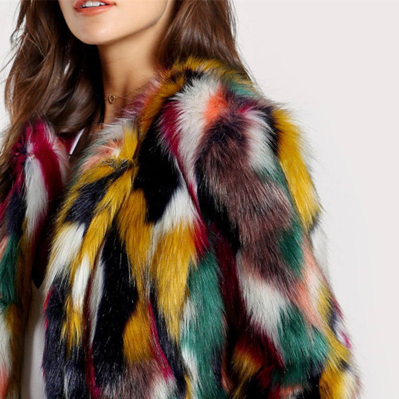 SHEIN Women Elegant Fur Coats Colorful Faux Fur Coat Multicolor Long Sleeve Collarless Casual Woman Winter Fur Coats - FushionGroupCorp