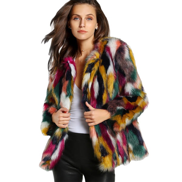 SHEIN Women Elegant Fur Coats Colorful Faux Fur Coat Multicolor Long Sleeve Collarless Casual Woman Winter Fur Coats - FushionGroupCorp