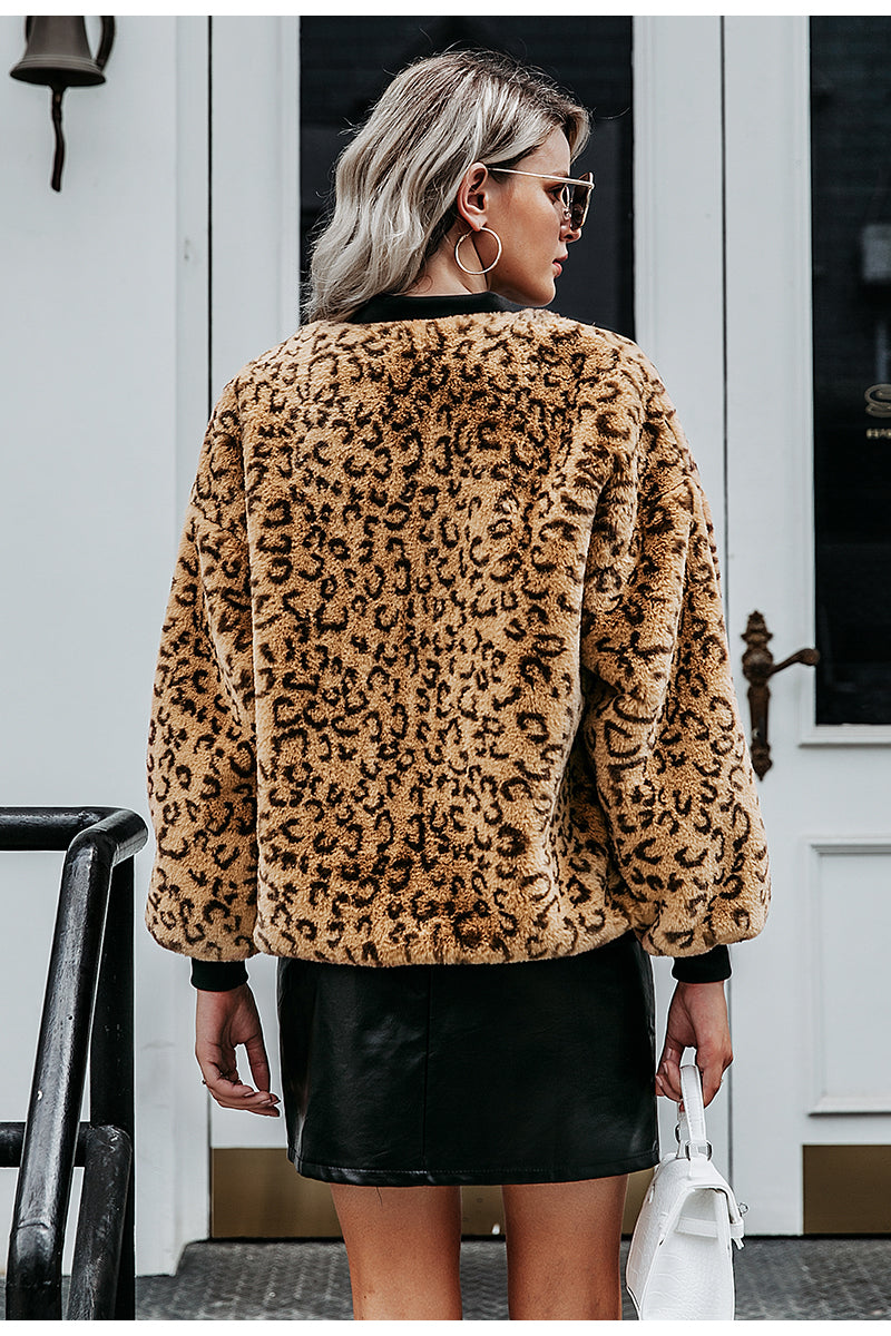 Simplee Leopard print faux fur women winter coat Long sleeve autumn jacket fur coat Casual zipper plus size female outwear coats - FushionGroupCorp