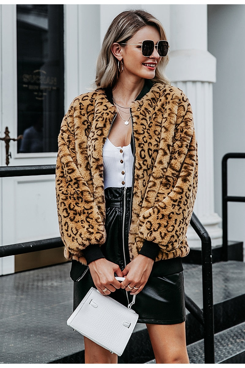 Simplee Leopard print faux fur women winter coat Long sleeve autumn jacket fur coat Casual zipper plus size female outwear coats - FushionGroupCorp