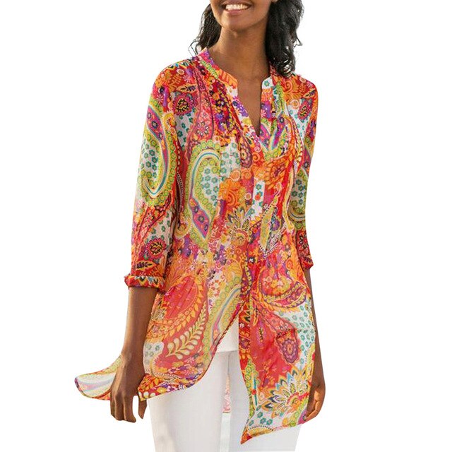 Multicolor Aesthetic Clothes Women Casual Plus Size Retro Boho Print Splice Loose Daily Clothes Beach Shirt Tops Cardigan Women - FushionGroupCorp