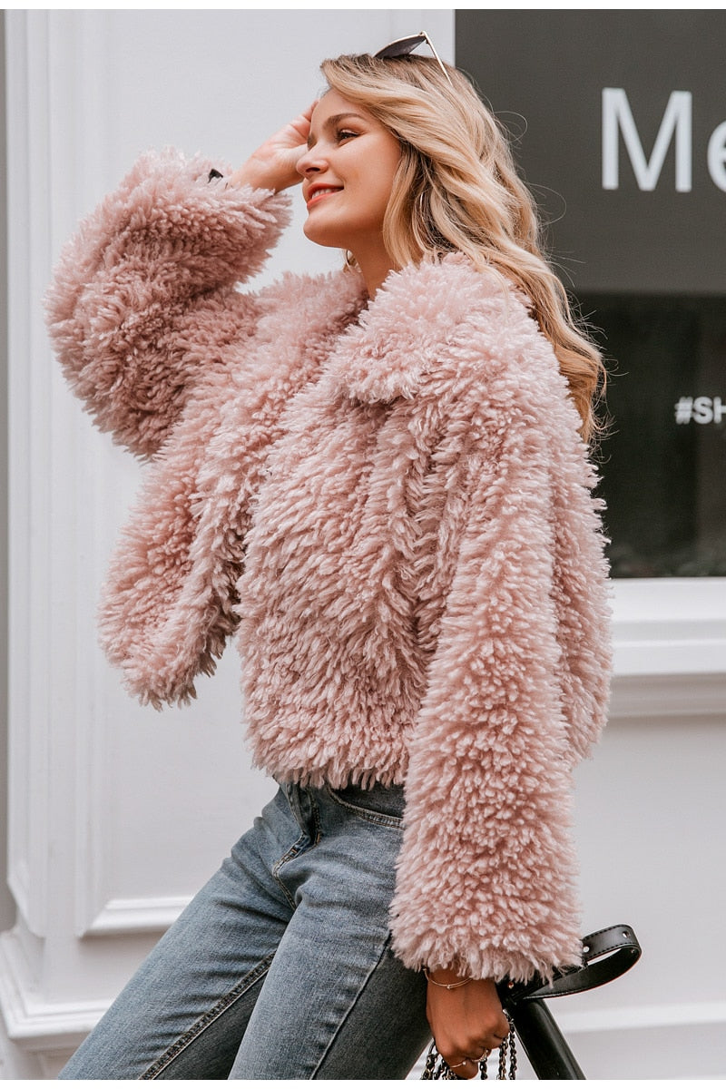 Simplee Casual long sleeve warm loose overcoats women 2019 Autumn winter female fake fur coat Ladies elegant solid lapel outwear - FushionGroupCorp