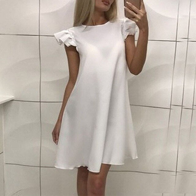 Fashion Casual Cute Women Dress Loose Solid Short Sleeve Beach Party Dress Summer Above Knee Mini Dress - FushionGroupCorp