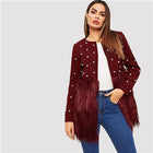 SHEIN Office Lady Solid Pearl Embellished Faux Fur Round Neck Jacket Autumn Workwear Casual Women Coat And Outerwear - FushionGroupCorp