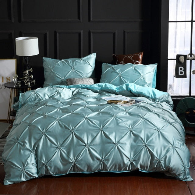 2/3PCS European Style Satin Silk Bedding Set Luxury Pinch Pleat Duvet Cover with Pillowcases Twin Full Queen King Size Bed Linen - FushionGroupCorp