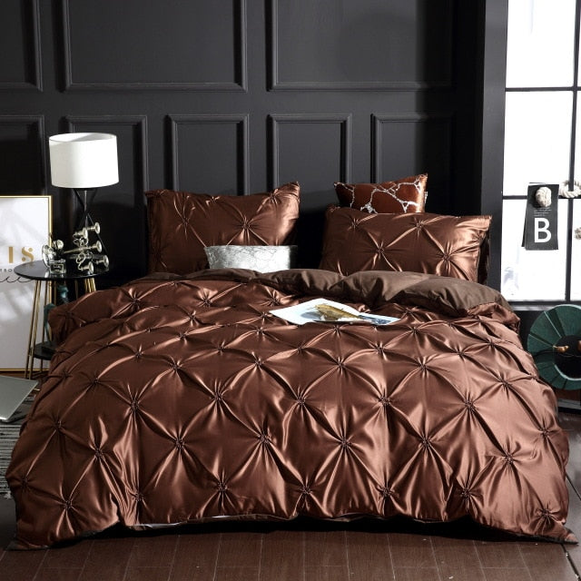2/3PCS European Style Satin Silk Bedding Set Luxury Pinch Pleat Duvet Cover with Pillowcases Twin Full Queen King Size Bed Linen - FushionGroupCorp