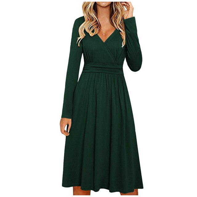 Women's Long SleeveWomen's Long Sleeve V-Neck Wrap Slim Solid Color Casual Midi Dress#40 - FushionGroupCorp